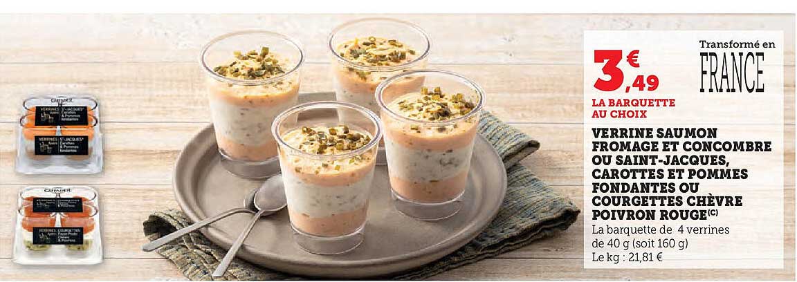 Verrine Saumon Fromage et Concombre ou Saint-Jacques, Carottes et Pommes Fondantes ou Courgettes Chèvre Poivron Rouge