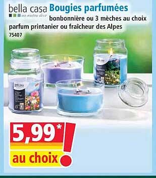 bella casa Bougies parfumées bonbonnière ou 3 mèches au choix parfum printanier ou fraicheur des Alpes