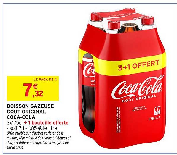 BOISSON GAZEUSE GOÛT ORIGINAL COCA-COLA 3x175cl + 1 bouteille offerte