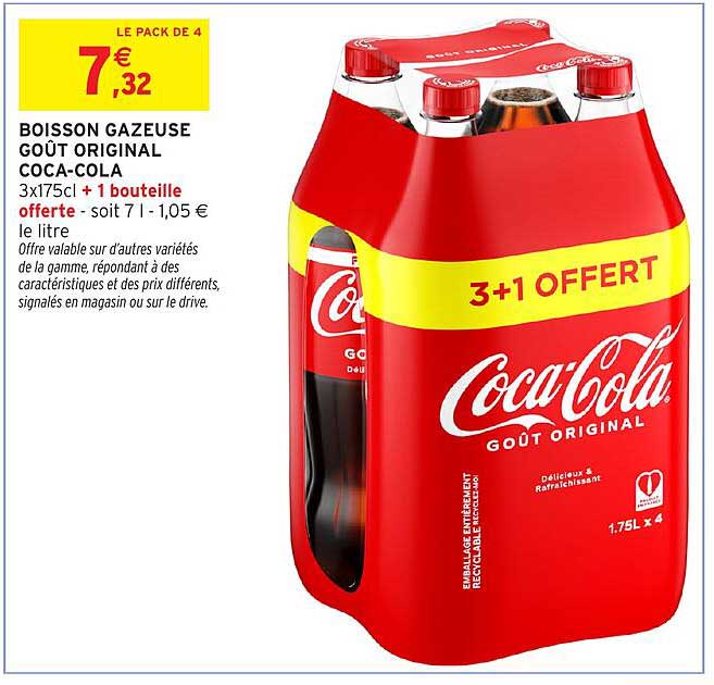 BOISSON GAZEUSE GOÛT ORIGINAL COCA-COLA 3x175cl + 1 bouteille offerte - soit 7 l - 1,05 € le litre