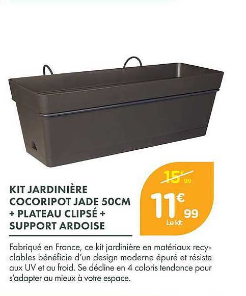 KIT JARDINIÈRE COCORIPOT JADE 50CM + PLATEAU CLIPSÉ + SUPPORT ARDOISE