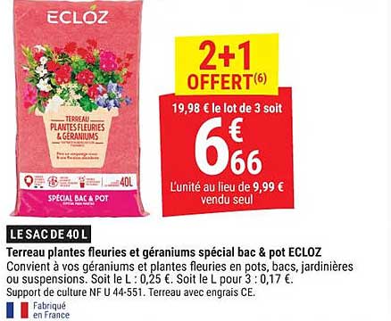 Terreau plantes fleuries & géraniums spécial bac & pot ECLOZ