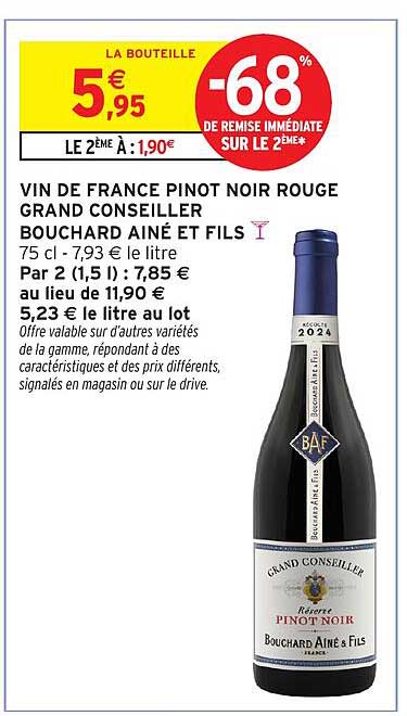 VIN DE FRANCE PINOT NOIR ROUGE GRAND CONSEILLER BOUCHARD AINÉ ET FILS