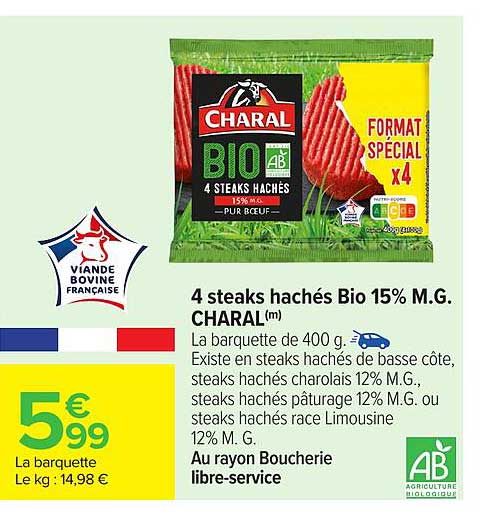 4 steaks hachés Bio 15% M.G. CHARAL