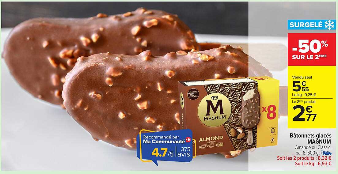 Bâtonnets glacés MAGNUM Amande ou Classic x8