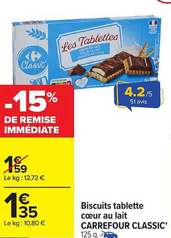Biscuit tablette cœur au lait CARREFOUR CLASSIC’