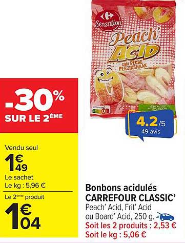 Bonbons acidulés CARREFOUR CLASSIC’ Peach' Acid, Frit' Acid ou Board' Acid, 250 g