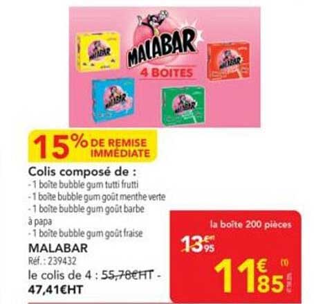 Colis composé de : - 1 boîte bubble gum tutti frutti - 1 boîte bubble gum goût menthe verte - 1 boîte bubble gum goût barbe à papa - 1 boîte bubble gum goût fraise