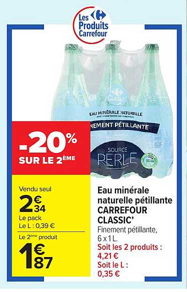 Eau minérale naturelle pétillante CARREFOUR CLASSIC’