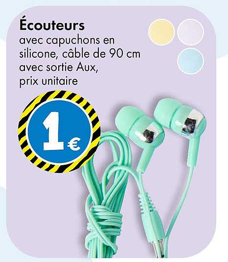 Écouteurs avec capuchons en silicone, câble de 90 cm avec sortie Aux, prix unitaire