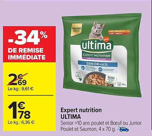 Expert nutrition ULTIMA Senior +10 ans poulet et Boeuf ou Junior Poulet et Saumon