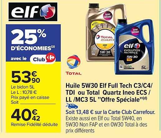 Huile 5W30 Elf Full Tech C3/C4/TDI ou Total Quartz Ineo ECS/LL/MC3 5L "Offre Spéciale"
