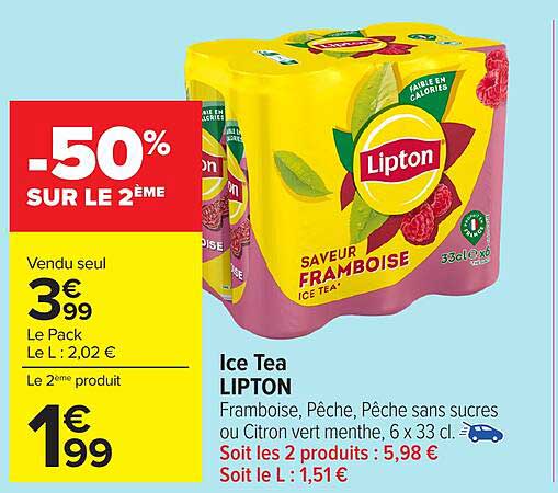Ice Tea LIPTON Framboise, Pêche, Pêche sans sucres ou Citron vert menthe, 6 x 33 cl