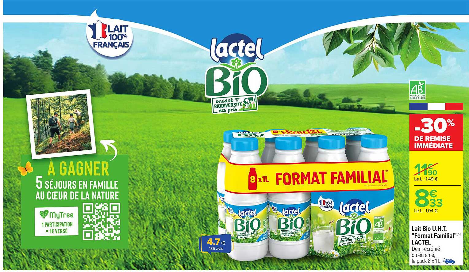 Lait Bio U.H.T. "Format Familial" LACTEL