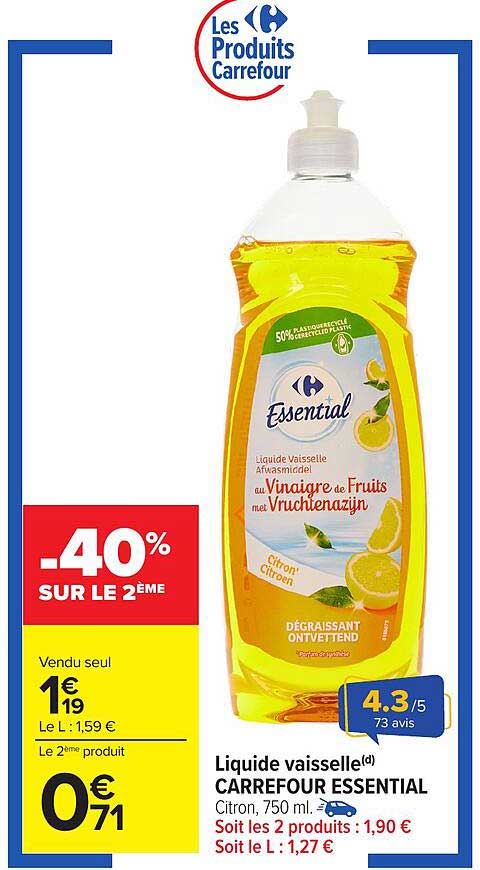 Liquide vaisselle Carrefour Essential au vinaigre de fruits - Citron, 750 ml