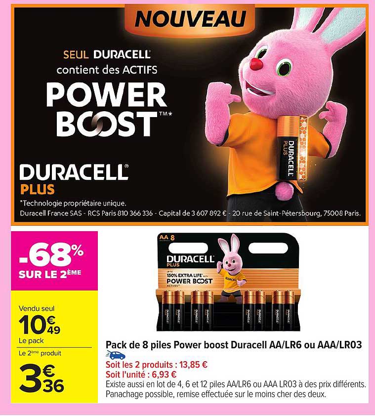 Pack de 8 piles Power boost Duracell AA/LR6 ou AAA/LR03