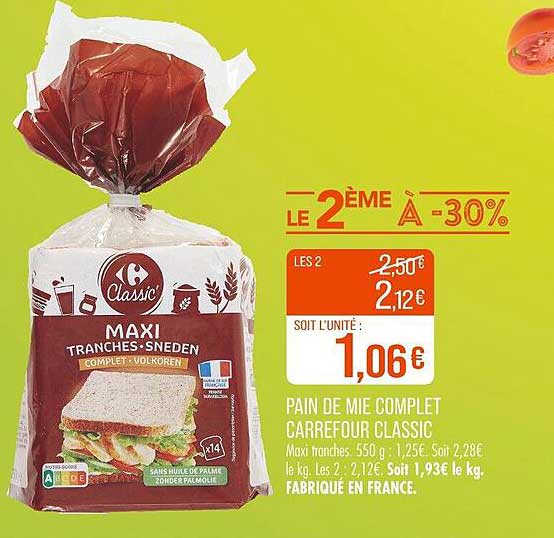PAIN DE MIE COMPLET CARREFOUR CLASSIC