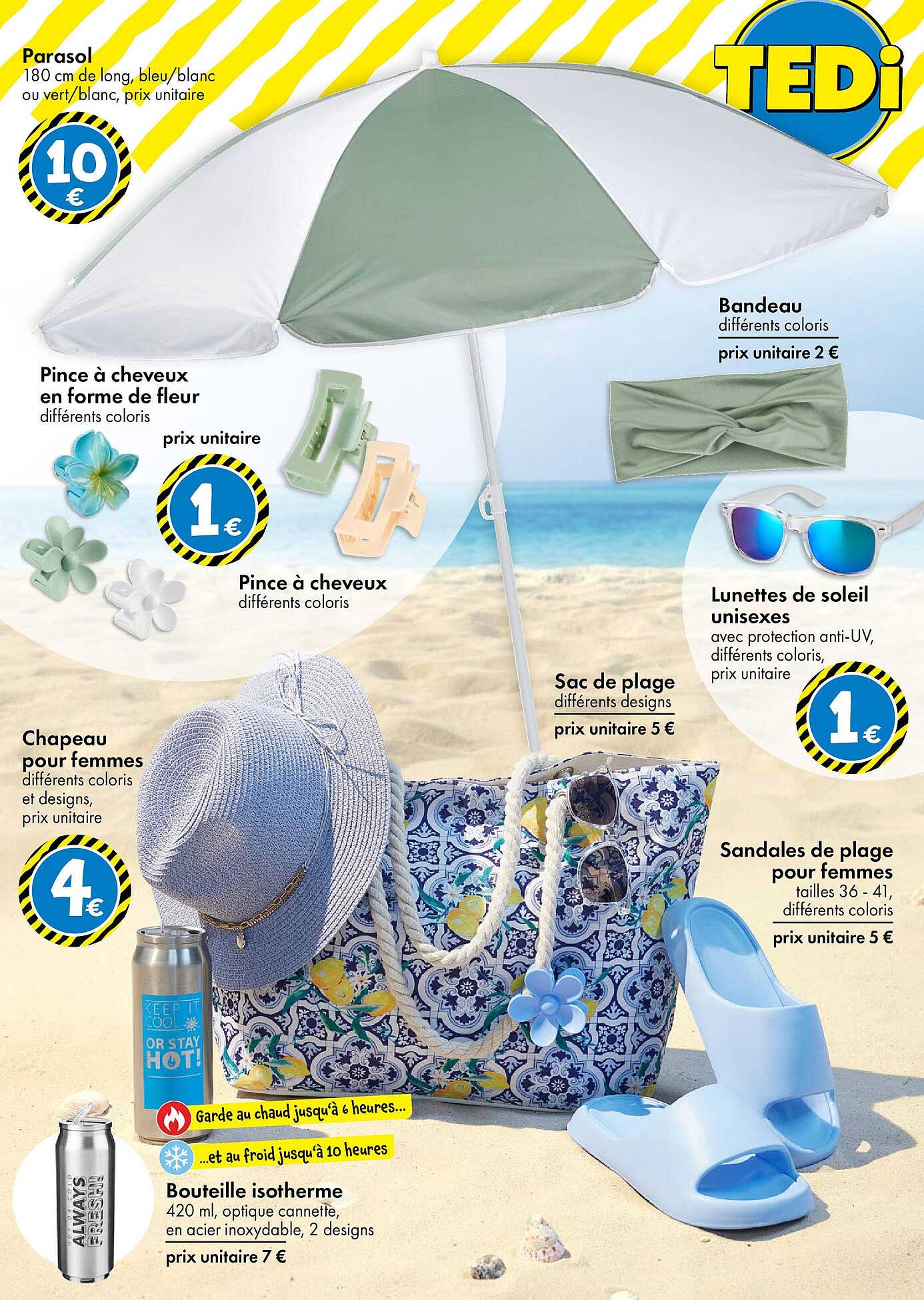 Parasol 180 cm de long, bleu/blanc ou vert/blanc, prix unitaire 10 €