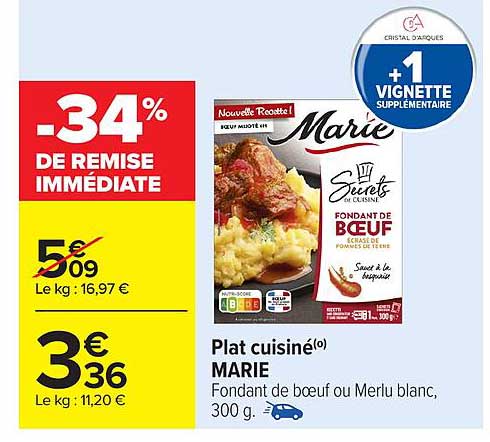 Plat cuisiné(o) MARIE - Fondant de bœuf ou Merlu blanc, 300 g