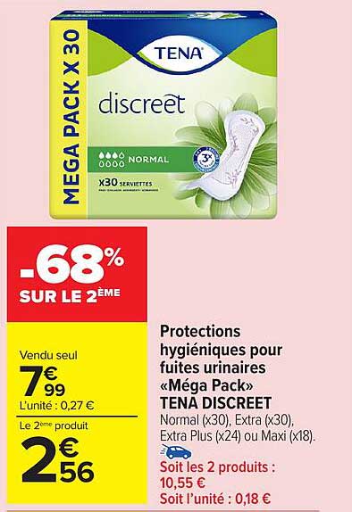 Protections hygiéniques pour fuites urinaires «Mégapack» TENA DISCREET