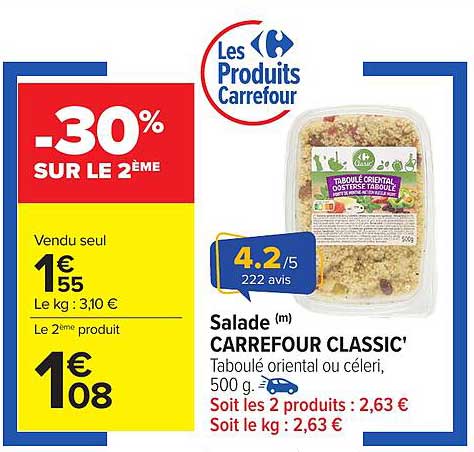 Salade (m) CARREFOUR CLASSIC' Taboulé oriental ou céleri, 500 g