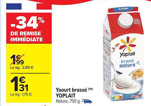 Yaourt brassé (m) YOPLAIT Nature, 750 g.