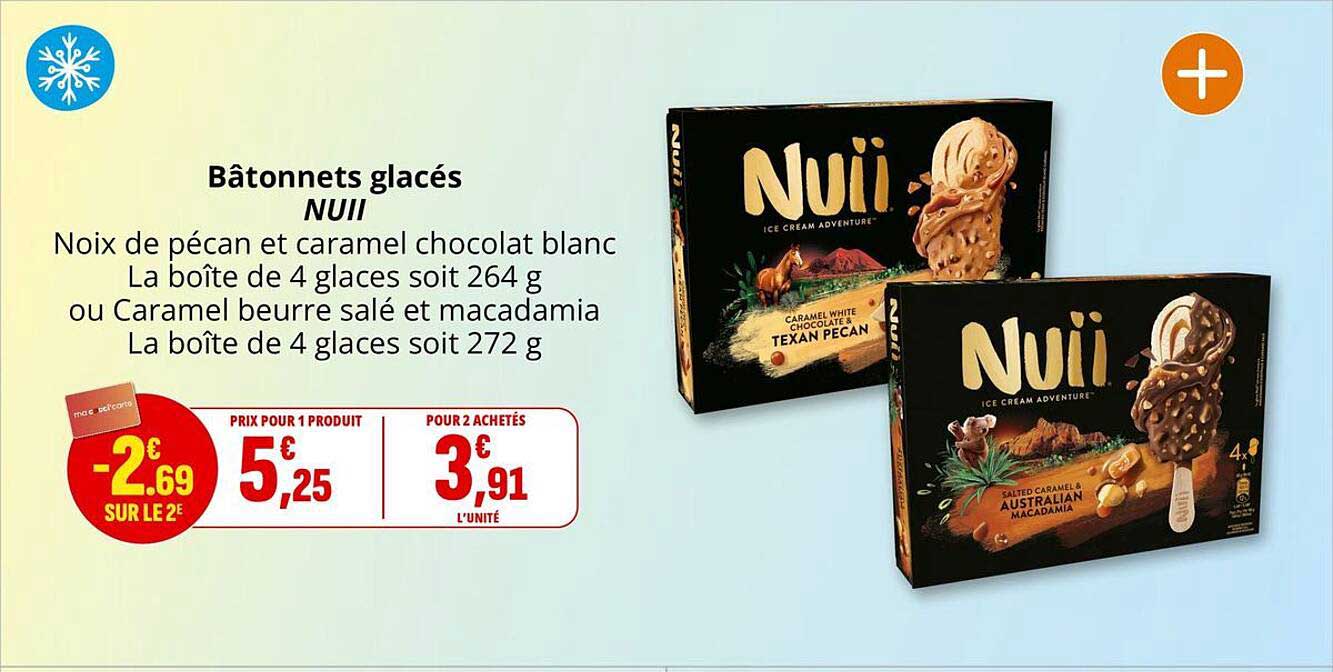 Bâtonnets glacés NUII Noix de pécan et caramel chocolat blanc La boîte de 4 glaces soit 264 g ou Caramel beurre salé et macadamia La boîte de 4 glaces soit 272 g