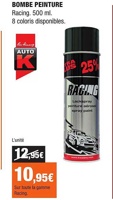 BOMBE PEINTURE Racing. 500 ml. 8 coloris disponibles.