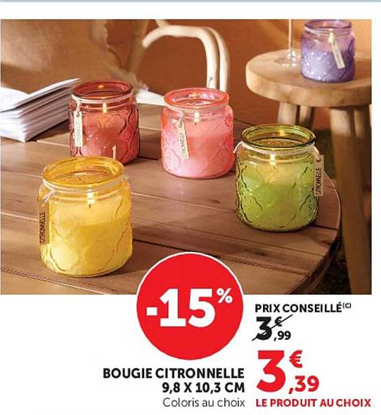 BOUGIE CITRONNELLE 9,8 X 10,3 CM Coloris au choix