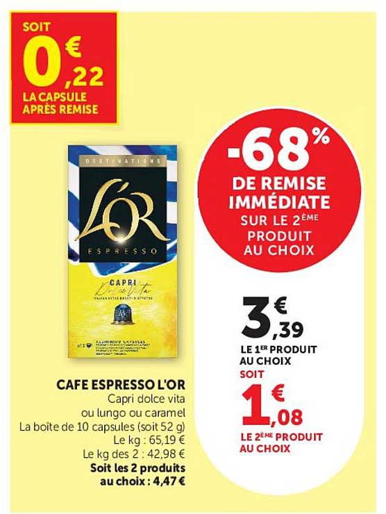 CAFE ESPRESSO L'OR Capri dolce vita ou lungo ou caramel