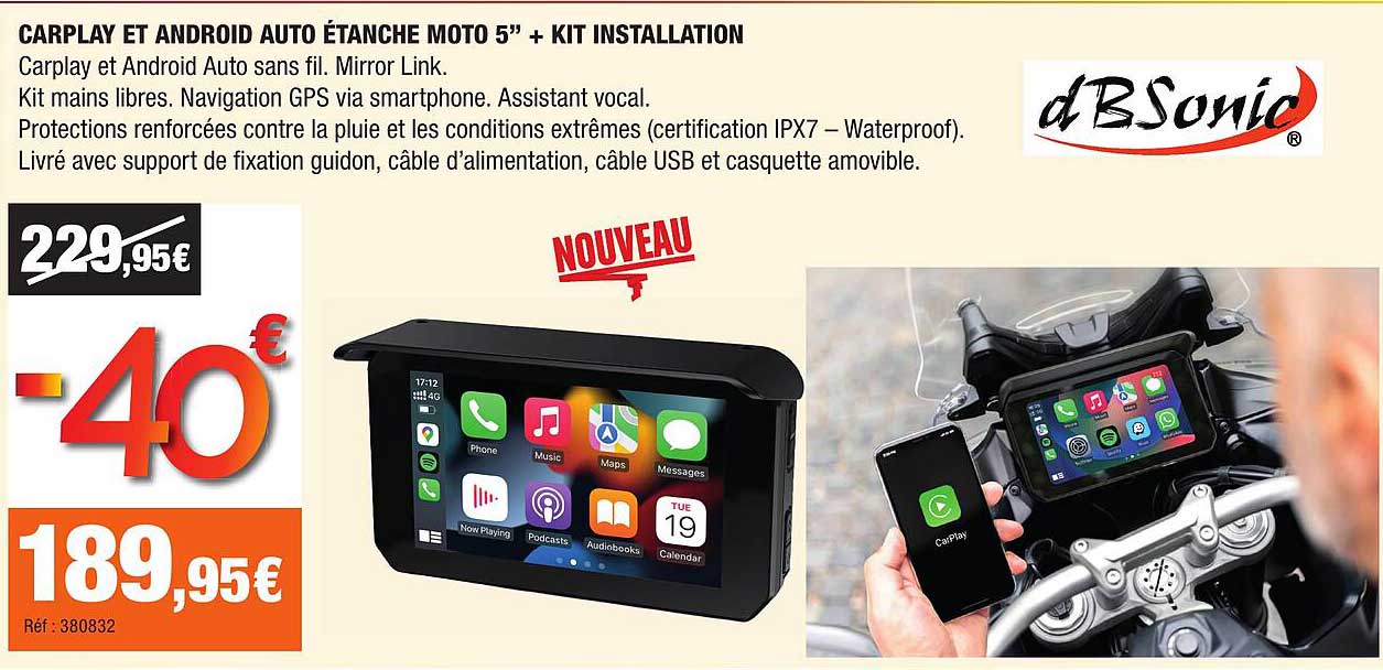 CARPLAY ET ANDROID AUTO ÉTANCHE MOTO 5" + KIT INSTALLATION