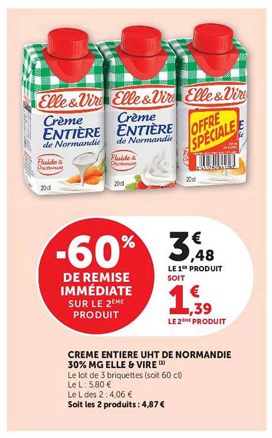 CREME ENTIERE UHT DE NORMANDIE 30% MG ELLE & VIRE