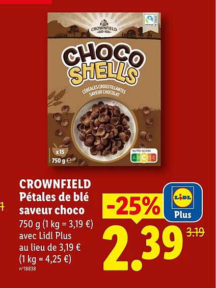 CROWNFIELD Pétales de blé saveur choco 750 g