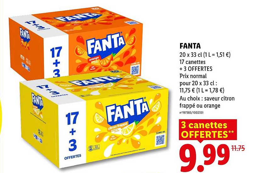 FANTA 20 x 33 cl (1 L = 1,51 €) 17 canettes + 3 OFFERTES
