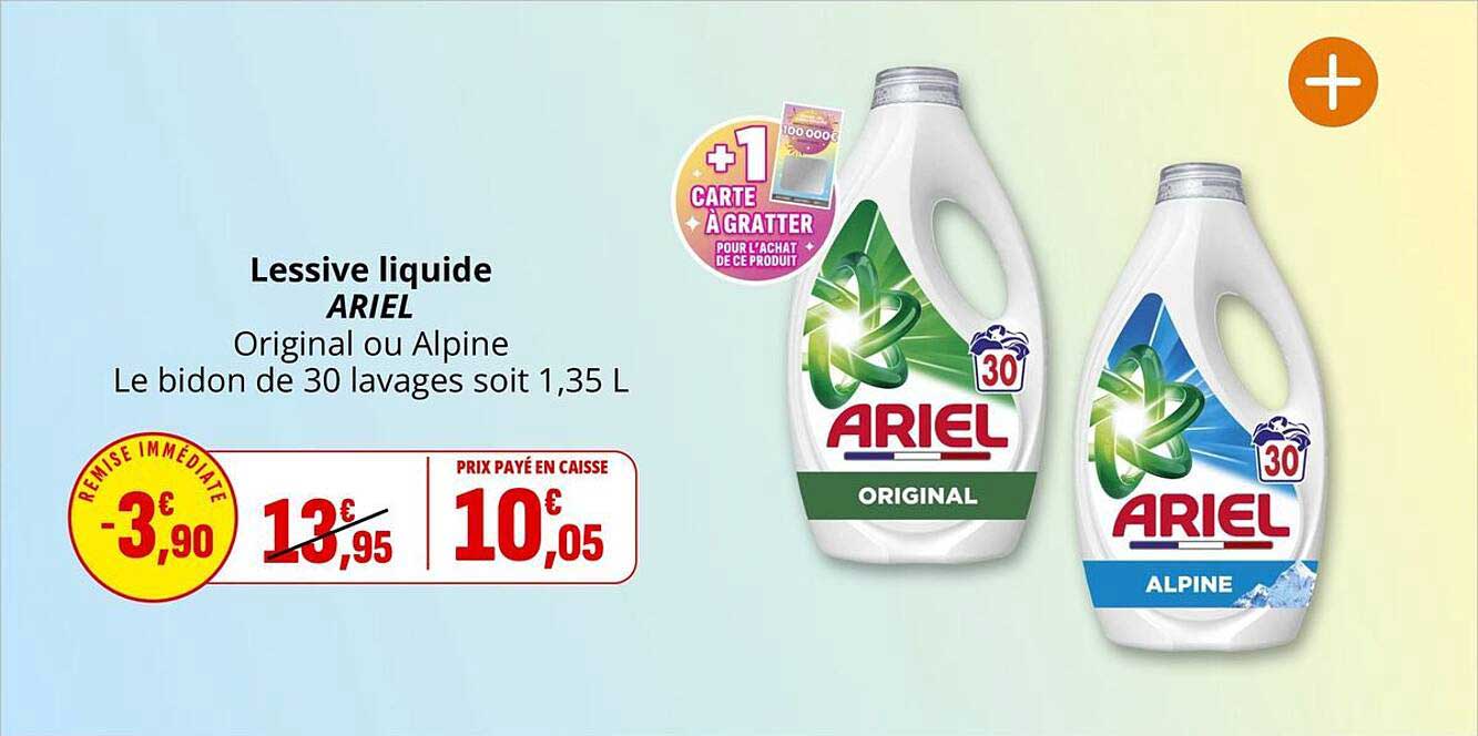 Lessive liquide ARIEL Original ou Alpine Le bidon de 30 lavages soit 1,35 L