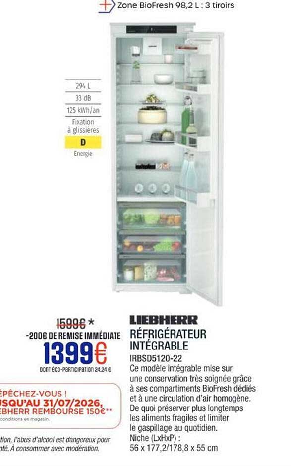 LIEBHERR RÉFRIGÉRATEUR INTÉGRABLE IRBSD5120-22