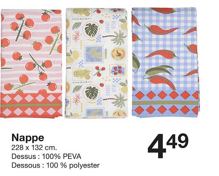 Nappe 228 x 132 cm. Dessus : 100% PEVA Dessous : 100 % polyester