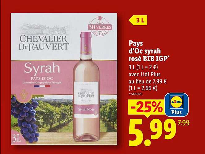 Pays d'Oc syrah rosé BIB IGP* 3 L (1 L = 2 €) avec Lidl Plus au lieu de 7,99 € (1 L = 2,66 €)