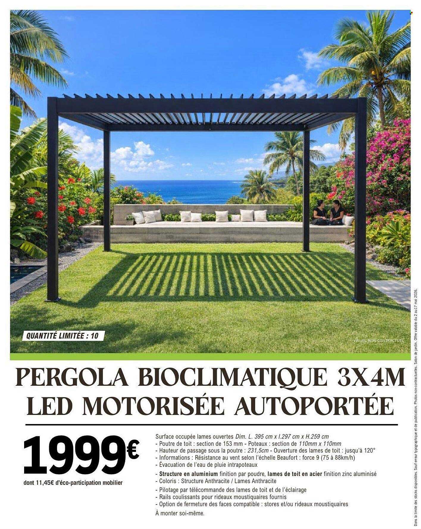 PERGOLA BIOCLIMATIQUE 3X4M LED MOTORISÉE AUTOPORTÉE