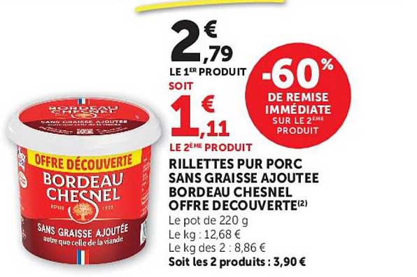 RILLETTES PUR PORC SANS GRAISSE AJOUTEE BORDEAU CHESNEL OFFRE DECOUVERTE