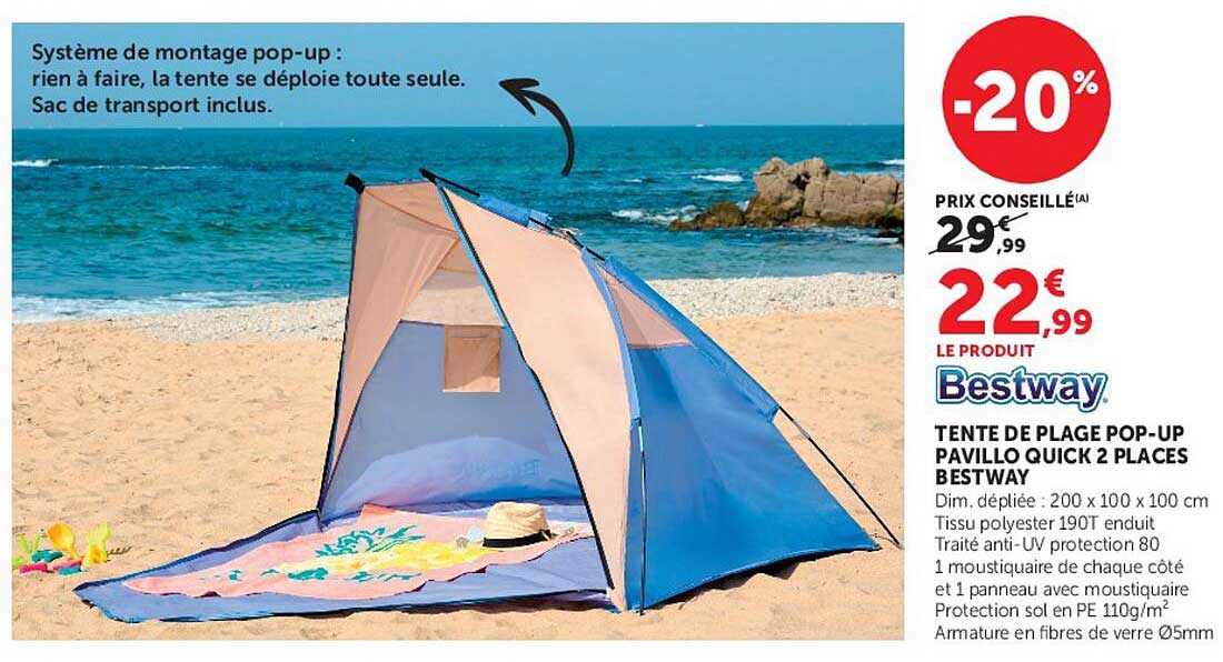 TENTE DE PLAGE POP-UP PAVILLO QUICK 2 PLACES BESTWAY