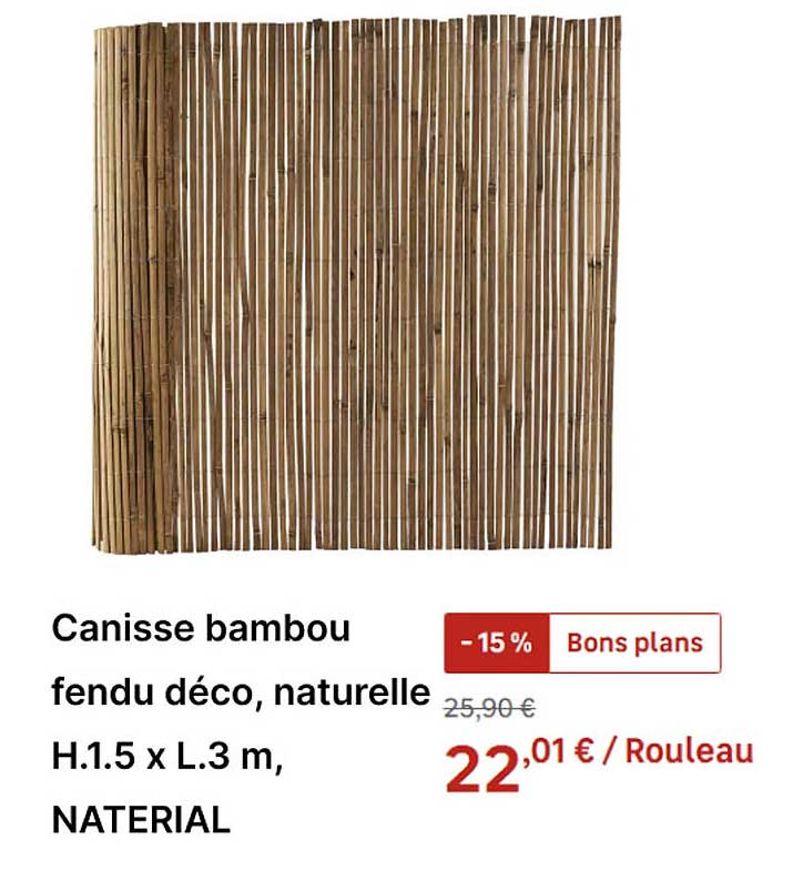 Canisse bambou fendu déco, naturelle H.1.5 x L.3 m, NATERIAL
