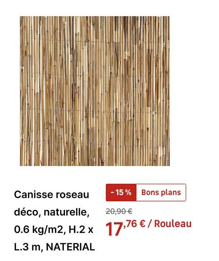 Canisse roseau déco, naturelle, 0.6 kg/m2, H.2 x L.3 m, NATERIAL