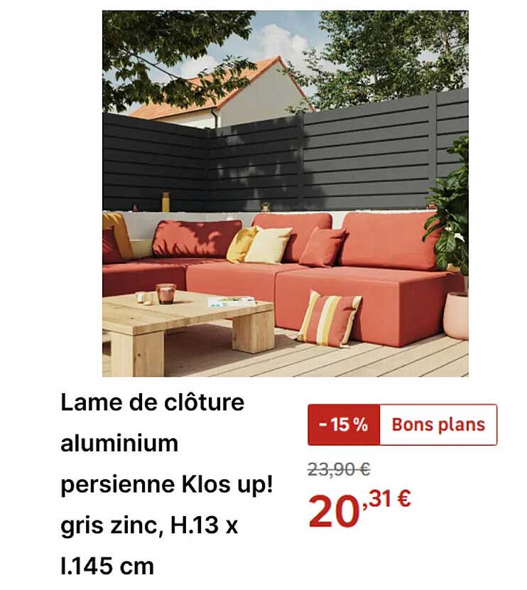 Lame de clôture aluminium persienne Klos up! gris zinc, H.13 x L.145 cm