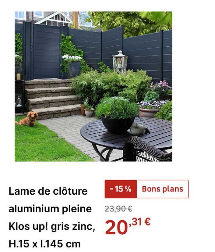 Lame de clôture aluminium pleine Klos up! gris zinc, H.15 x L.145 cm
