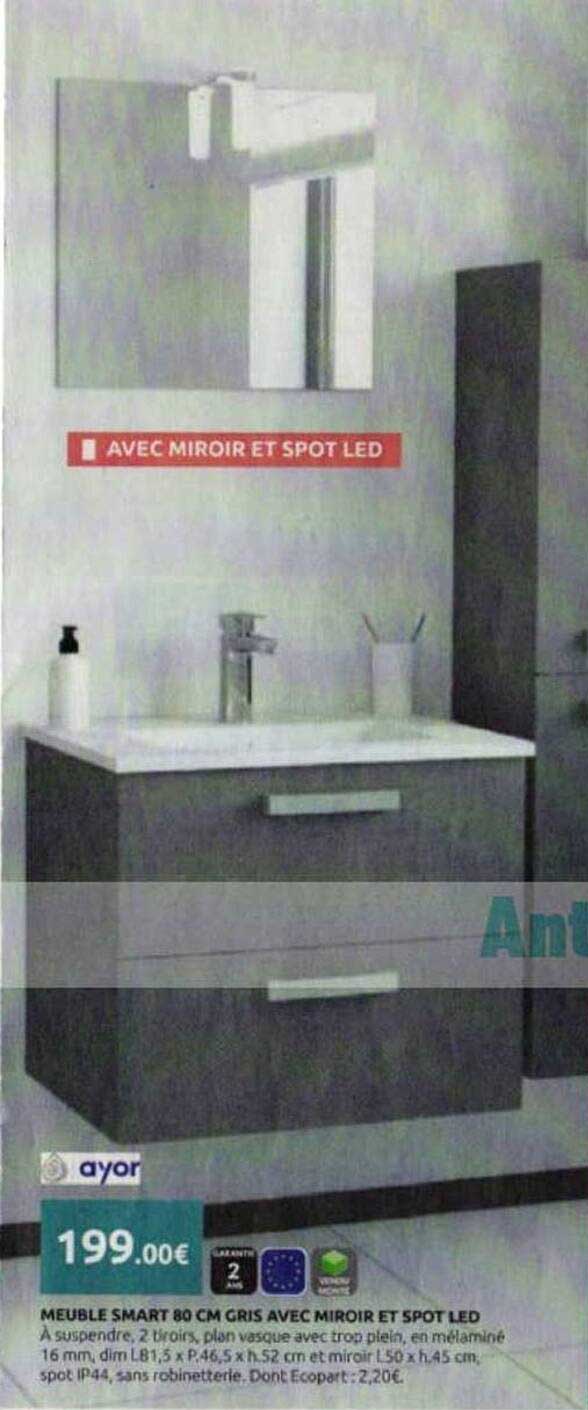 MEUBLE SMART 80 CM GRIS AVEC MIROIR ET SPOT LED