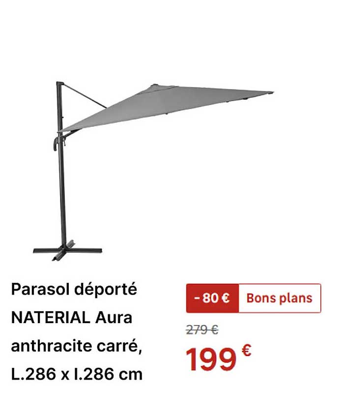 Parasol déporté NATERIAL Aura anthracite carré, L.286 x l.286 cm