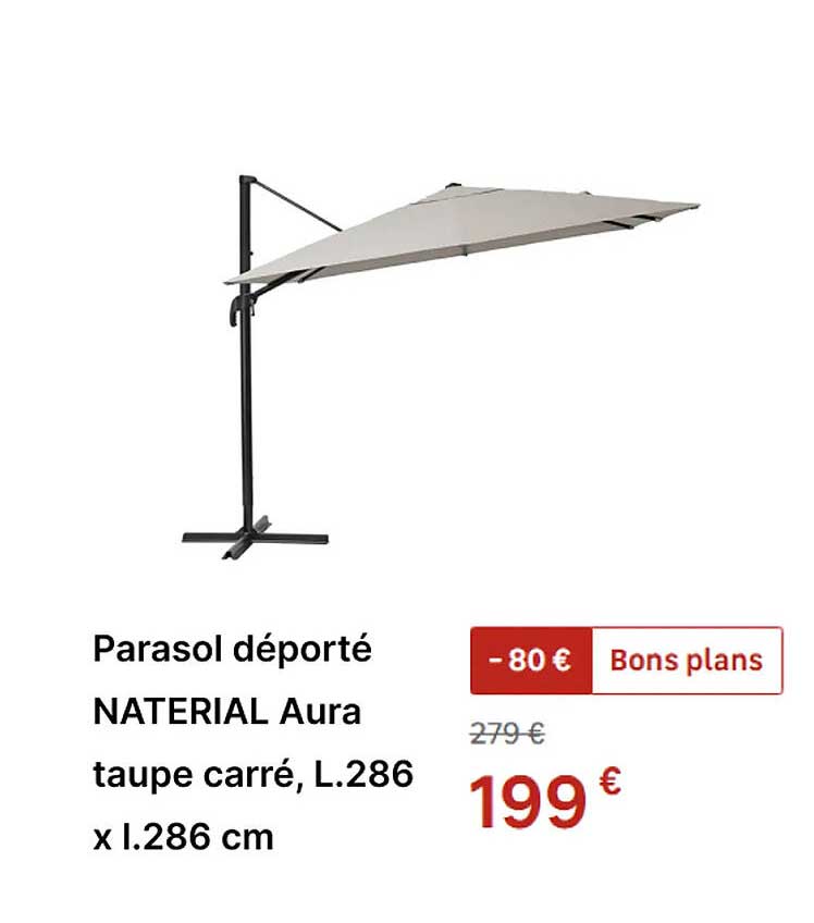 Parasol déporté NATERIAL Aura taupe carré, L.286 x l.286 cm