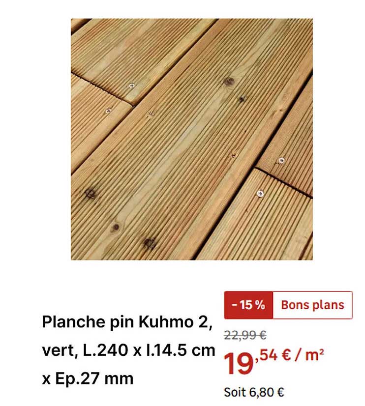 Planche pin Kuhmo 2, vert, L.240 x l.14.5 cm x Ep.27 mm