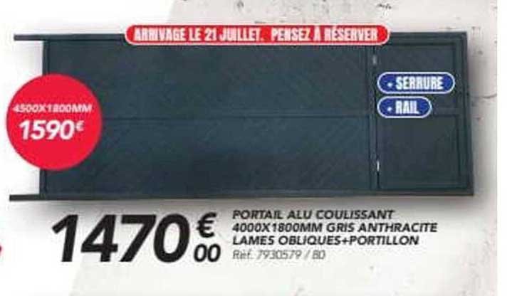 PORTAIL ALU COULISSANT 4000X1800MM GRIS ANTHRACITE LAMES OBLIQUES+PORTILLON